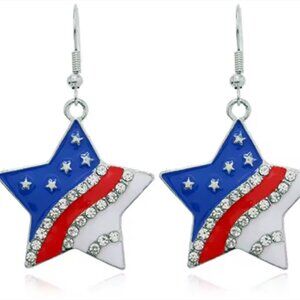 American Flag Star Shaped Enamel Earrings Silver Hooks Rhinestone Accents